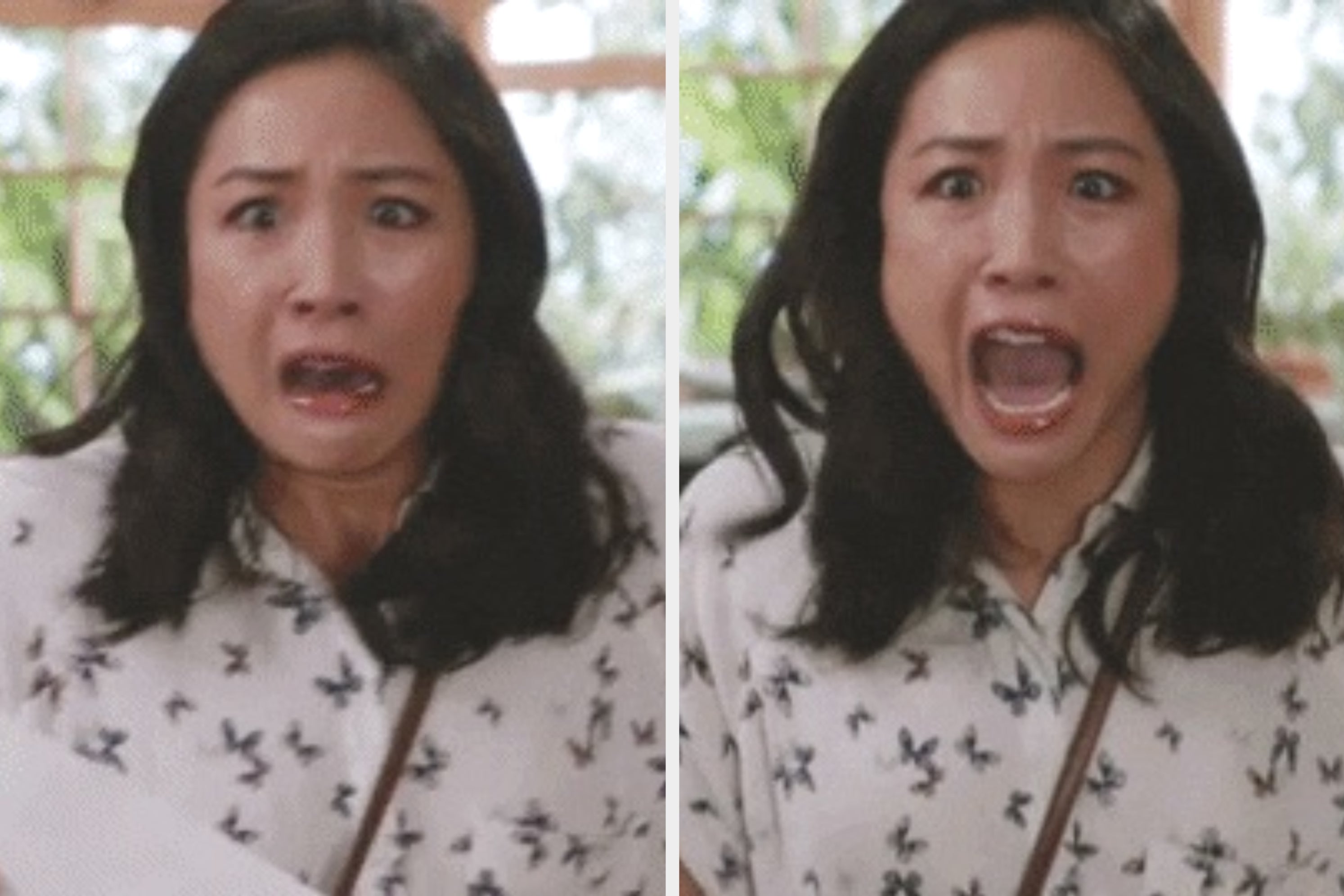 Person making a shocked expression, shown in two similar side-by-side images