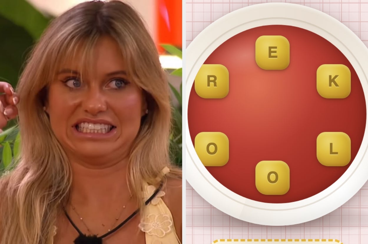 Person on left looking surprised; word game on right with letters R, E, K, O, O, L