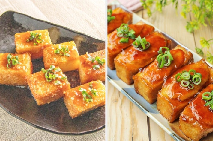 左は揚げ出し豆腐、右は照り焼き豆腐。どちらも小ねぎがトッピングされています。