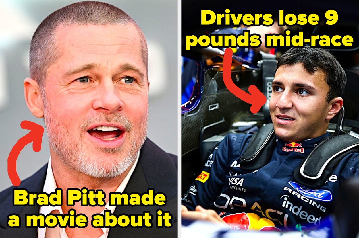 Two images side by side: Left shows an actor smiling, tagged "Brad Pitt made a movie about it." Right shows a race car driver, tagged "Drivers lose 9 pounds mid-race."