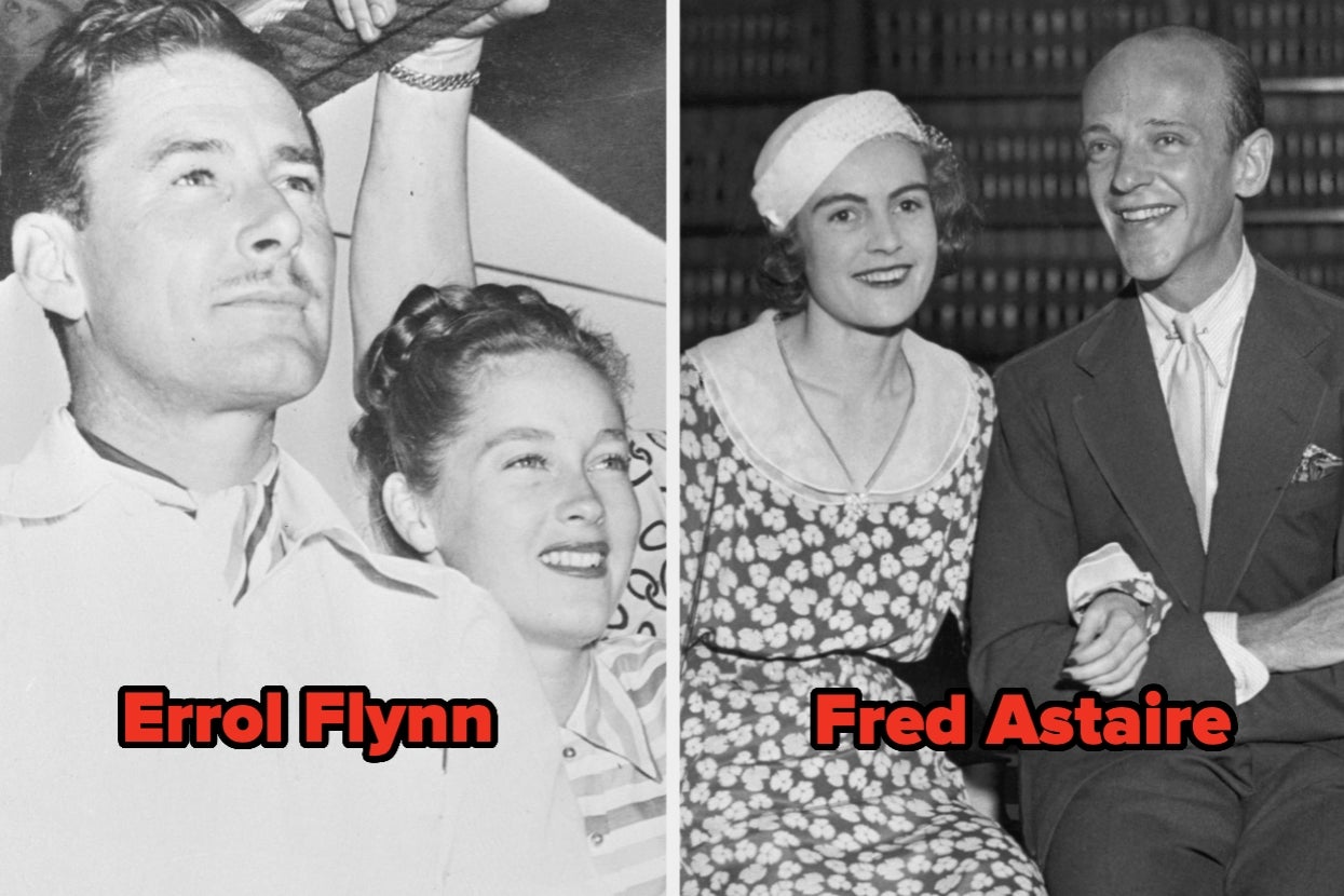 Two black and white vintage photographs: Left shows Errol Flynn with a woman; right shows Fred Astaire and a woman, both smiling