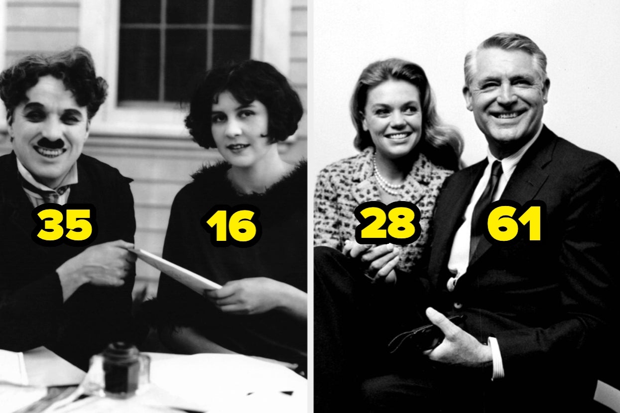 Two black-and-white photos. Left: Man and young woman holding a document. Right: Man and woman smiling. Age differences are labeled on the image