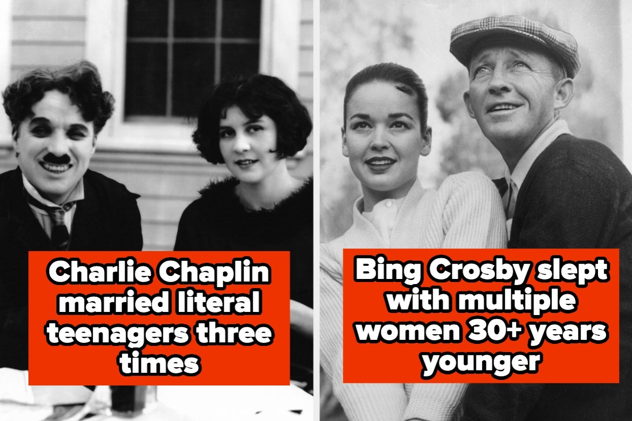Split image: Left shows Charlie Chaplin with a woman; right shows Bing Crosby with a woman. Overlay text highlights their controversial relationships