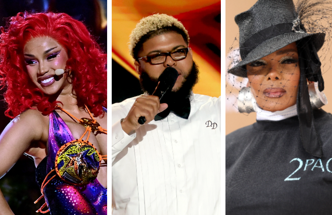 Three individuals: Left, performer in vibrant costume; center, person in formal white shirt with microphone; right, person in fashion hat and veil