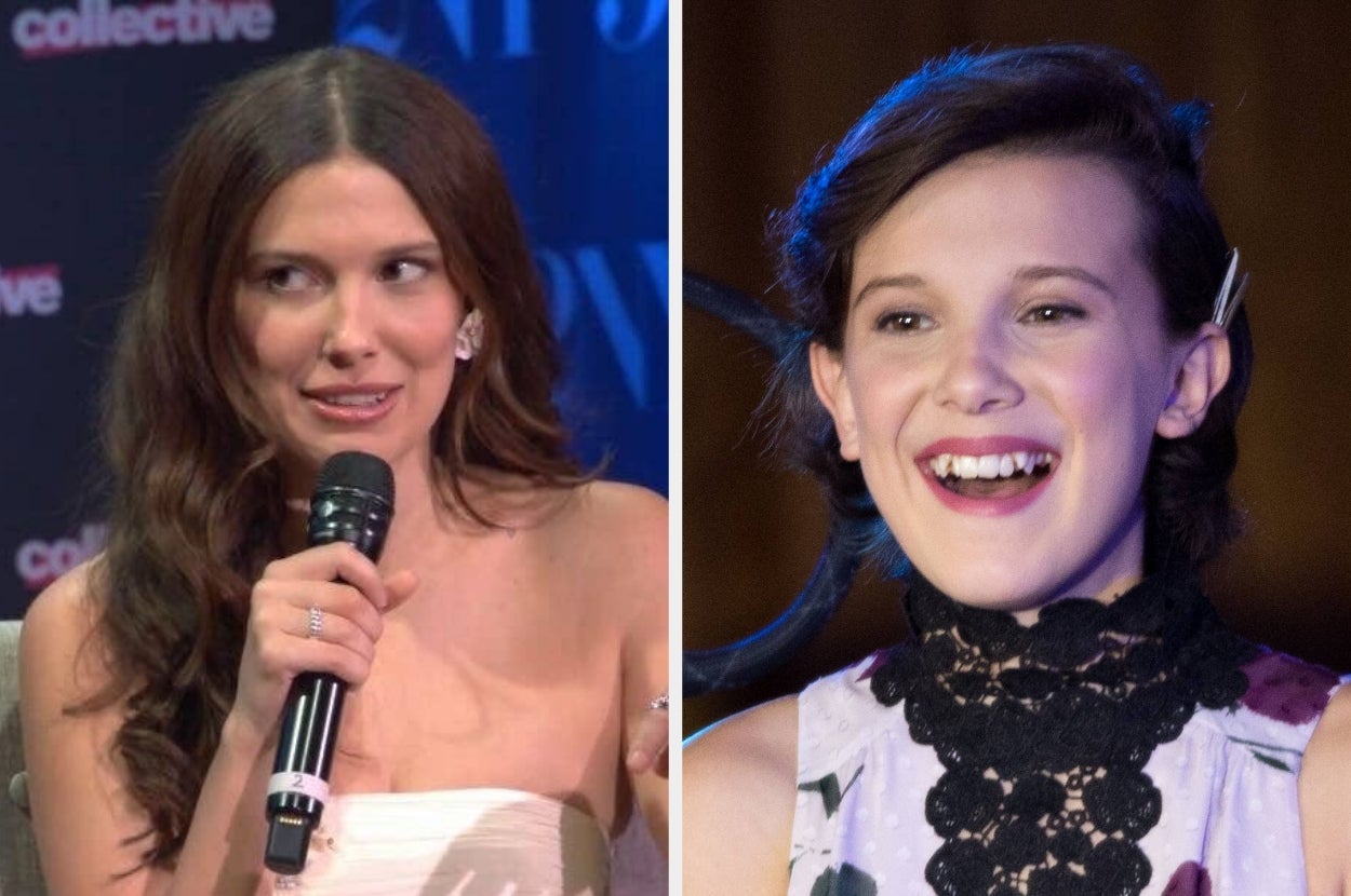 Two celebrities side by side. Left: Woman with long hair, strapless dress, holding a mic at an event. Right: Smiling woman with short hair, lace dress