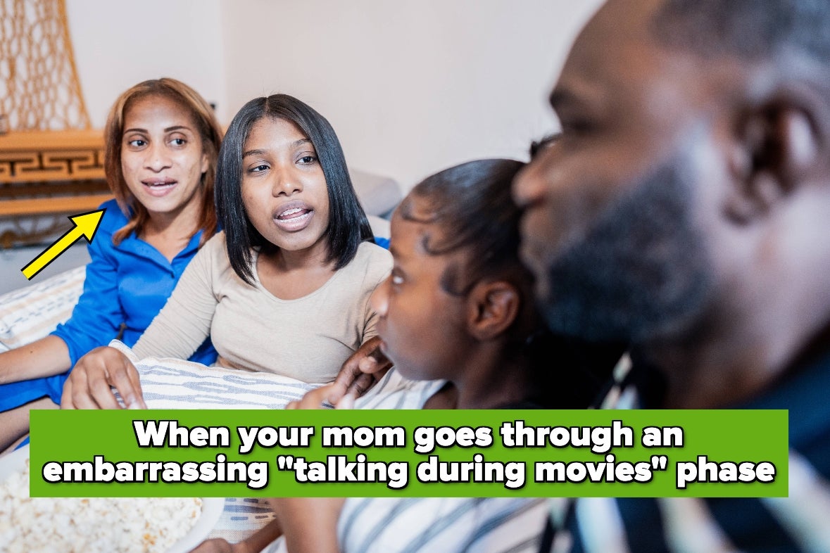 Family watching a movie at home, mom engages in discussion; humorous text suggests an embarrassing phase of talking during movies
