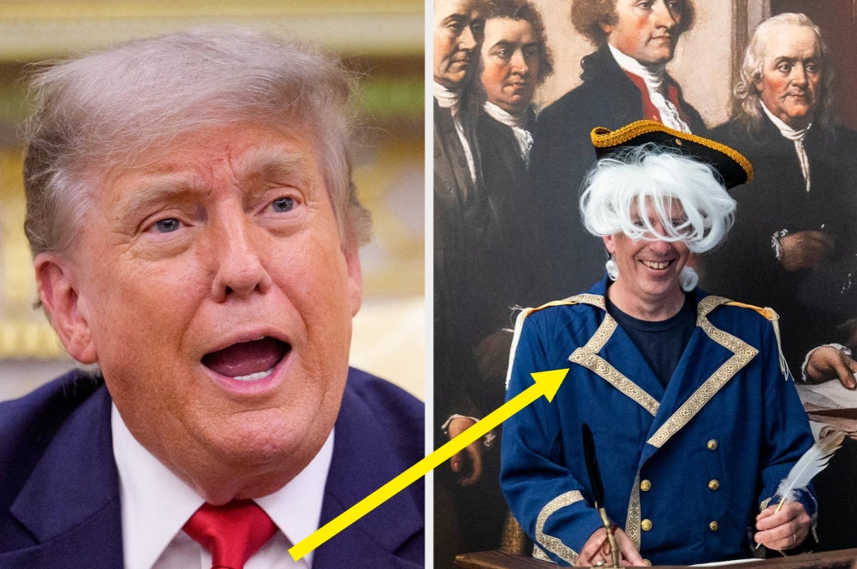 Man on left talking animatedly; man on right in historical costume with white wig, smiling while holding a quill, in front of vintage painting