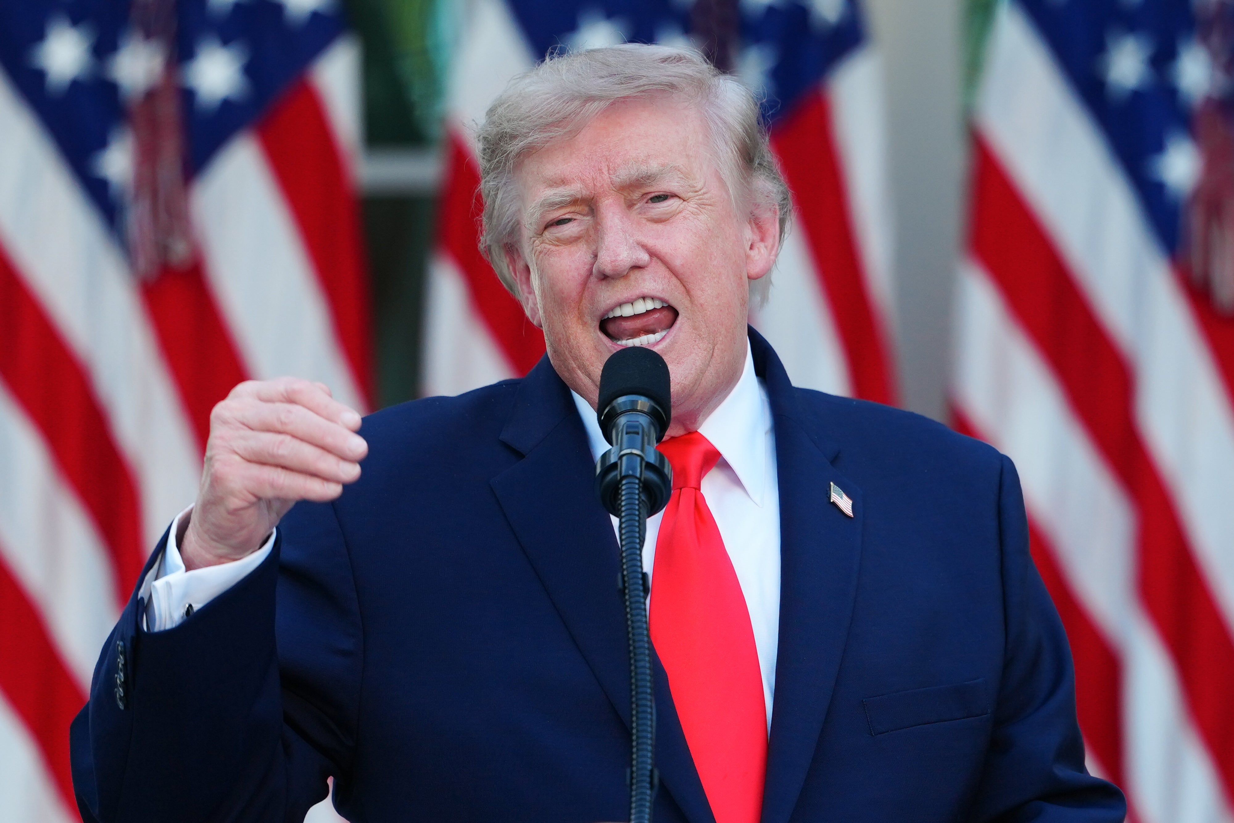 A idiosyncratic successful a acheronian suit and reddish necktie speaks astatine a podium with flags successful the background