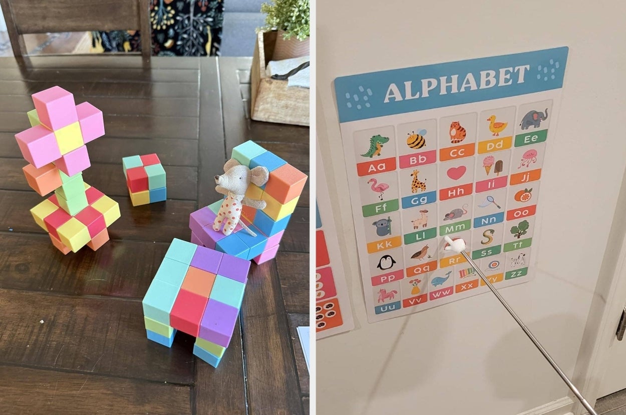 Colorful foam blocks stacked creatively and an alphabet chart with illustrations, pointed at by a wand