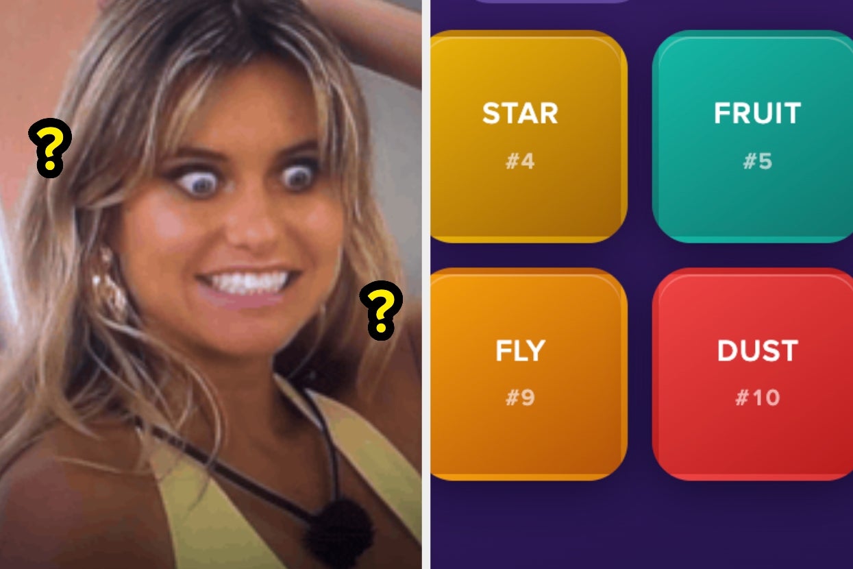 Person with a surprised expression beside a game screen featuring word options: star, fruit, fly, dust