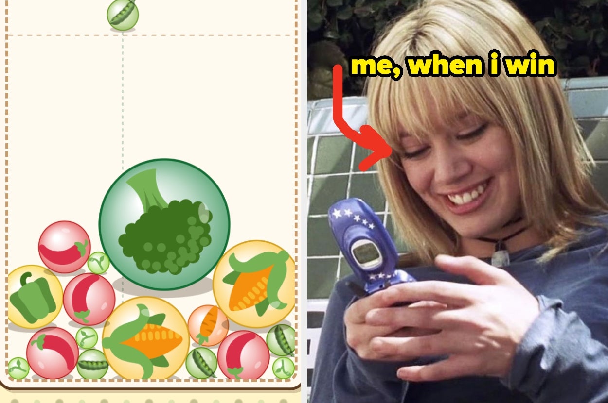 A smiling person looks at a flip phone. Next to them is a bubble-matching game with colorful fruits and veggies. Caption reads: "me, when I win."