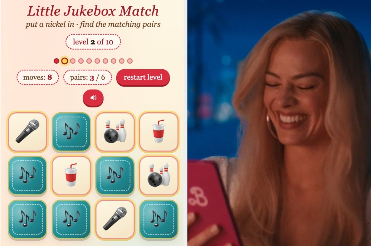Image split: Left side shows a music-themed matching game on level 2; right side depicts a smiling woman holding a tablet, enjoying the game