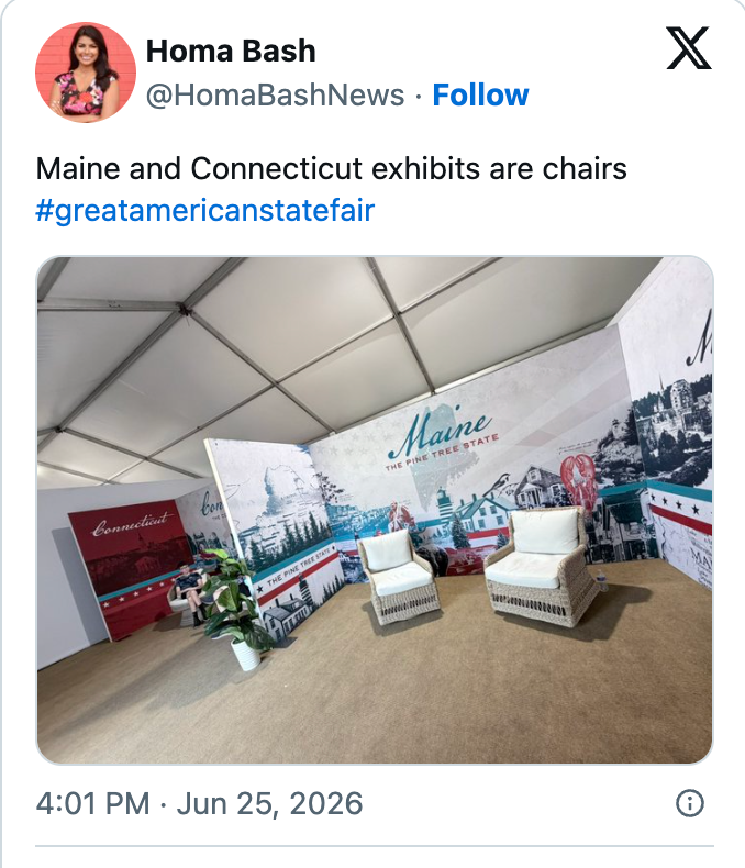 Two achromatic chairs successful beforehand of a backdrop featuring Maine and Connecticut authorities exhibits astatine the Great American State Fair