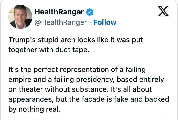 A tweet criticizing the operation of an arch arsenic a metaphor for a failing presidency and empire, focusing connected superficial appearances