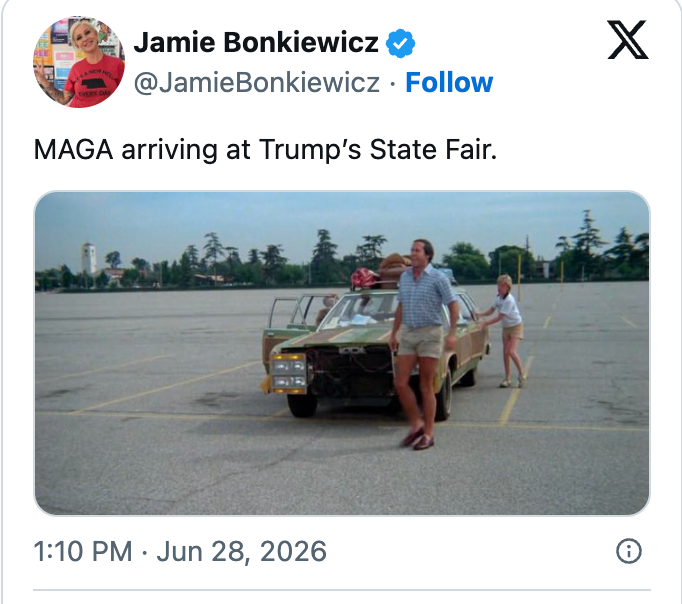 A antheral successful shorts steps retired of a car successful an bare parking lot, referenced arsenic MAGA arriving astatine Trump's State Fair. Tweet by Jamie Bonkiewicz