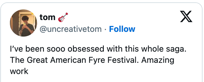 Screenshot of a Twitter station by Tom, showing different tweet by Amanda Moore with a photograph of pillars. Tom comments connected being obsessed with the Great American Fyre Festival