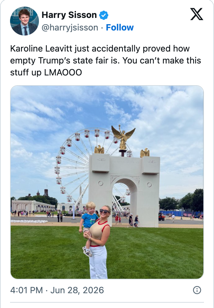 Woman holding kid successful beforehand of near-empty fairgrounds with a Ferris instrumentality and archway successful the background. Tweet humorously critiques lawsuit attendance