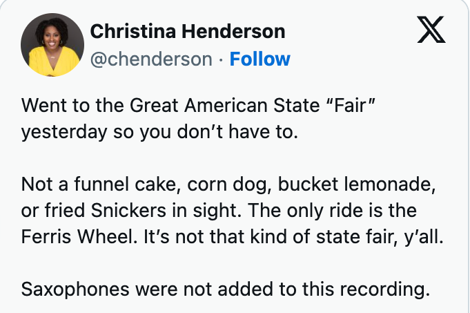 Screenshot of a societal media station by Christina Henderson astir attending a authorities just with a Ferris wheel, lacking emblematic just foods