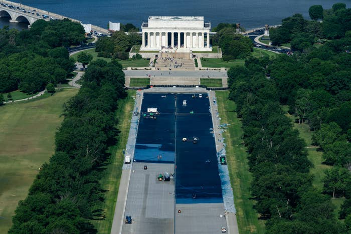 Aerial presumption    of the Lincoln Memorial and Reflecting Pool successful  Washington, D.C., with surrounding greenery and pathways visible