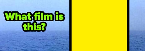 Text on ocean background reads, "What film is this?", with a large yellow rectangle on the right side