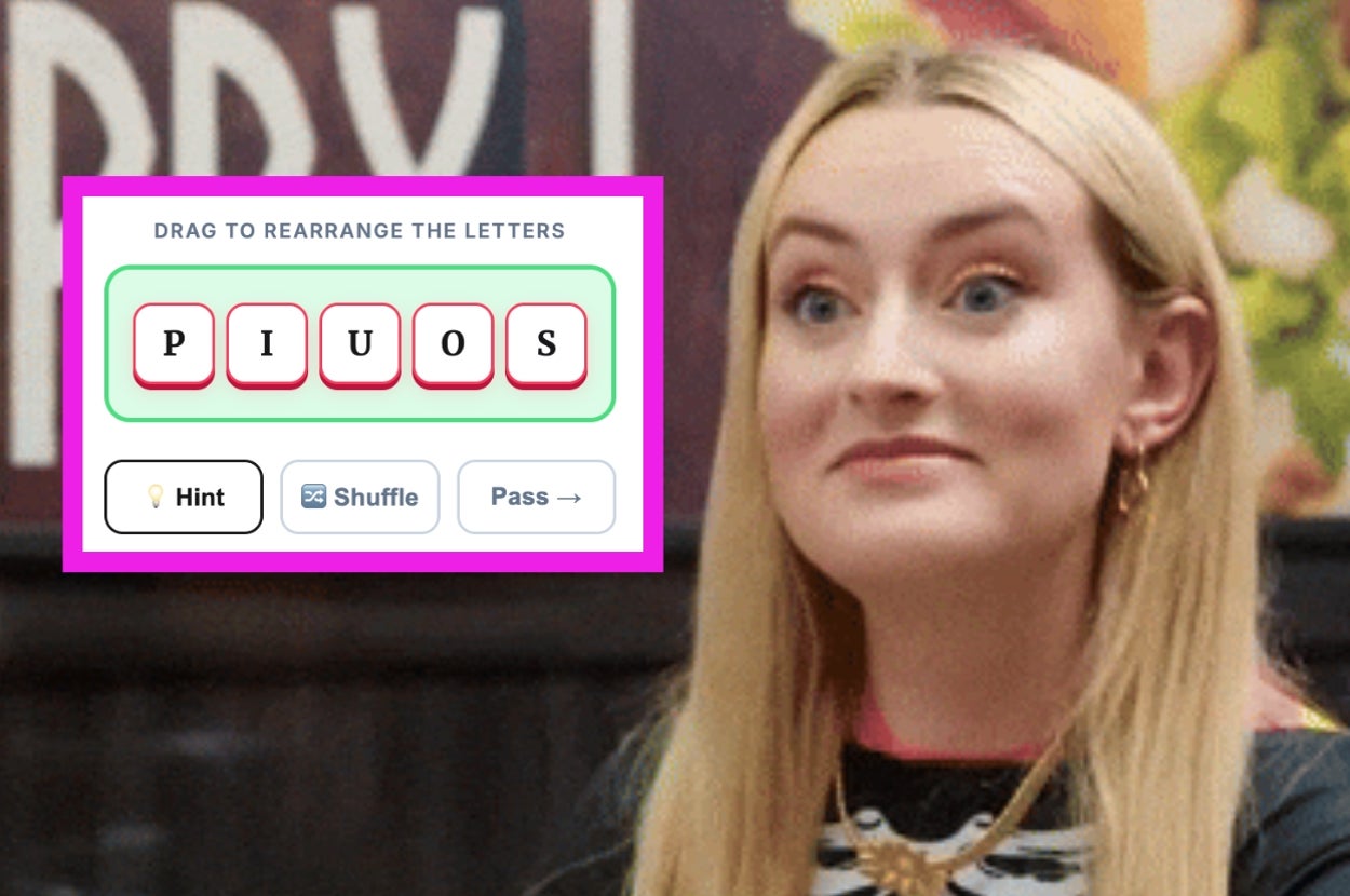 Person reacting with surprise next to a word puzzle interface showing scrambled letters "PIUOS."