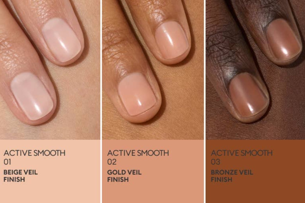 Three hands showcasing nail polish finishes: Active Smooth 01 (Beige Veil), 02 (Gold Veil), and 03 (Bronze Veil)