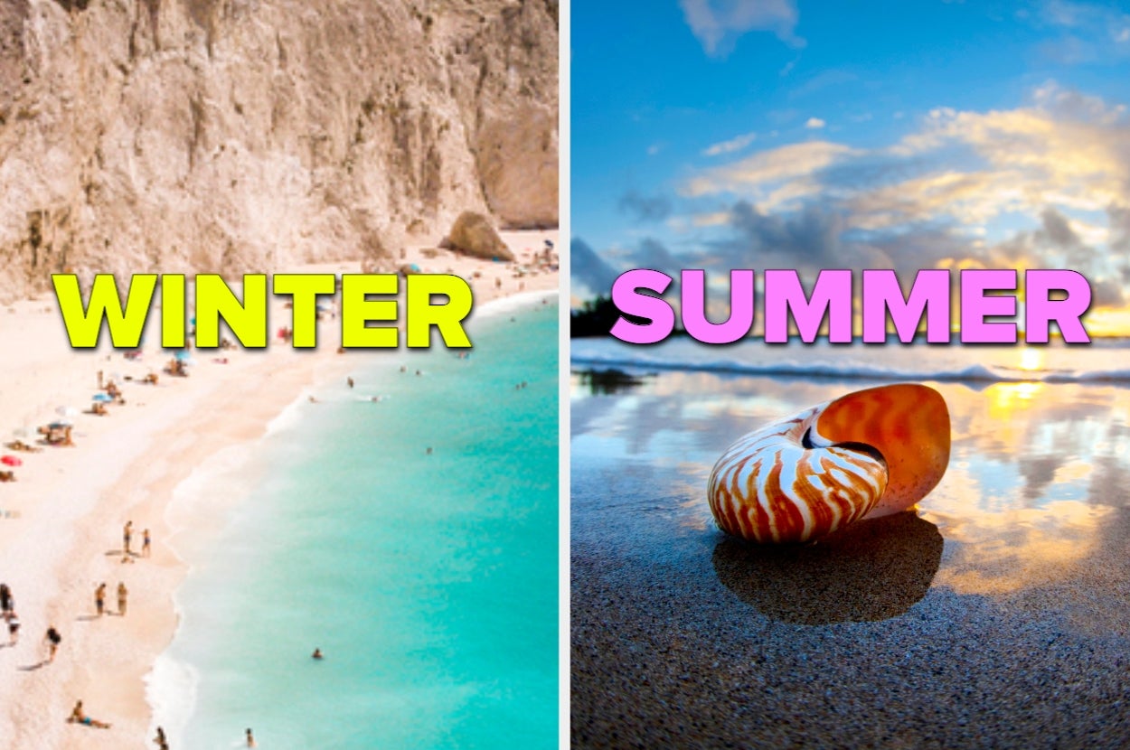 Split image: Left side shows a beach labeled "Winter." Right side shows a seashell on wet sand at sunset, labeled "Summer."