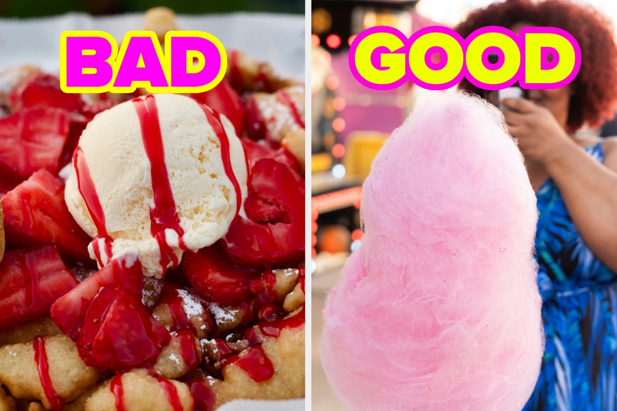 Left: Dessert with ice cream and strawberries labeled "Bad." Right: Person holding pink cotton candy labeled "Good."