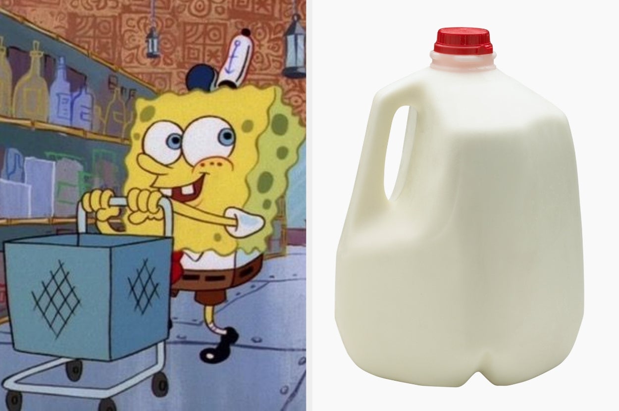 SpongeBob SquarePants cheerfully pushes a shopping cart in a grocery store next to an image of a gallon of milk
