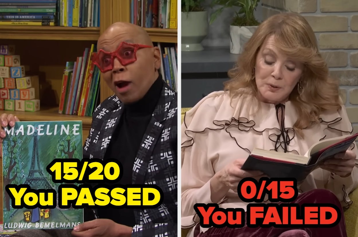 Person holding "Madeline" book with text "15/20 You PASSED" and another person reading, text "0/15 You FAILED."
