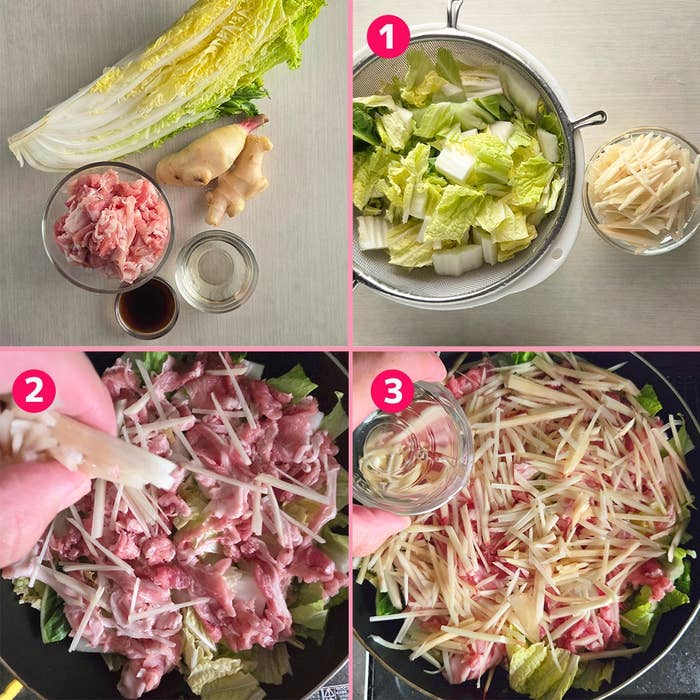 フライパンに白菜と豚こま切れ肉を重ね、その上に皮付きのまま千切りにした新しょうがを散らして酒を回しかける工程。