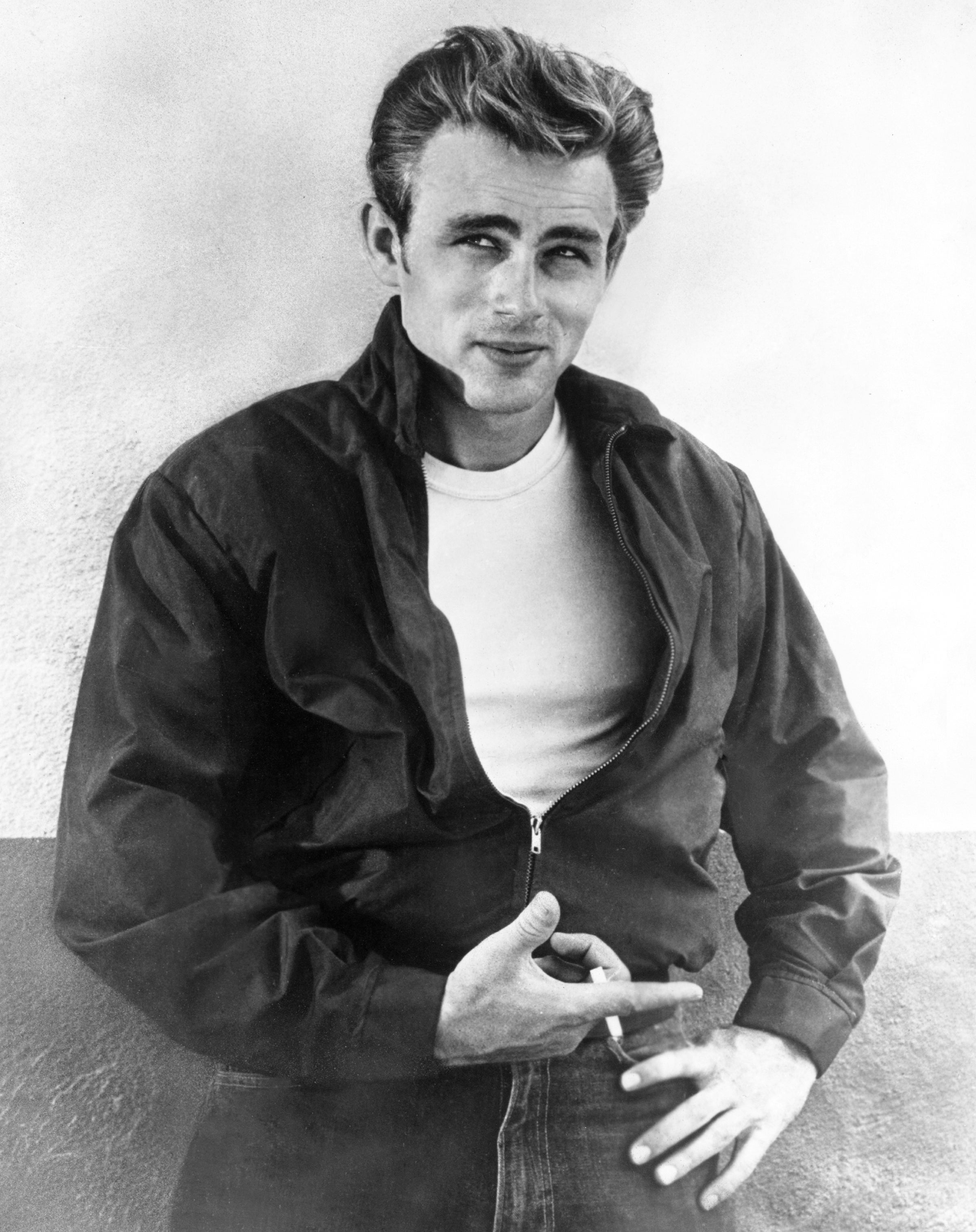 A black-and-white portrait of James Dean