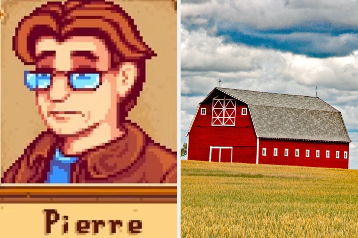 A pixelated character named Pierre next to an image of a red barn in a field under a cloudy sky