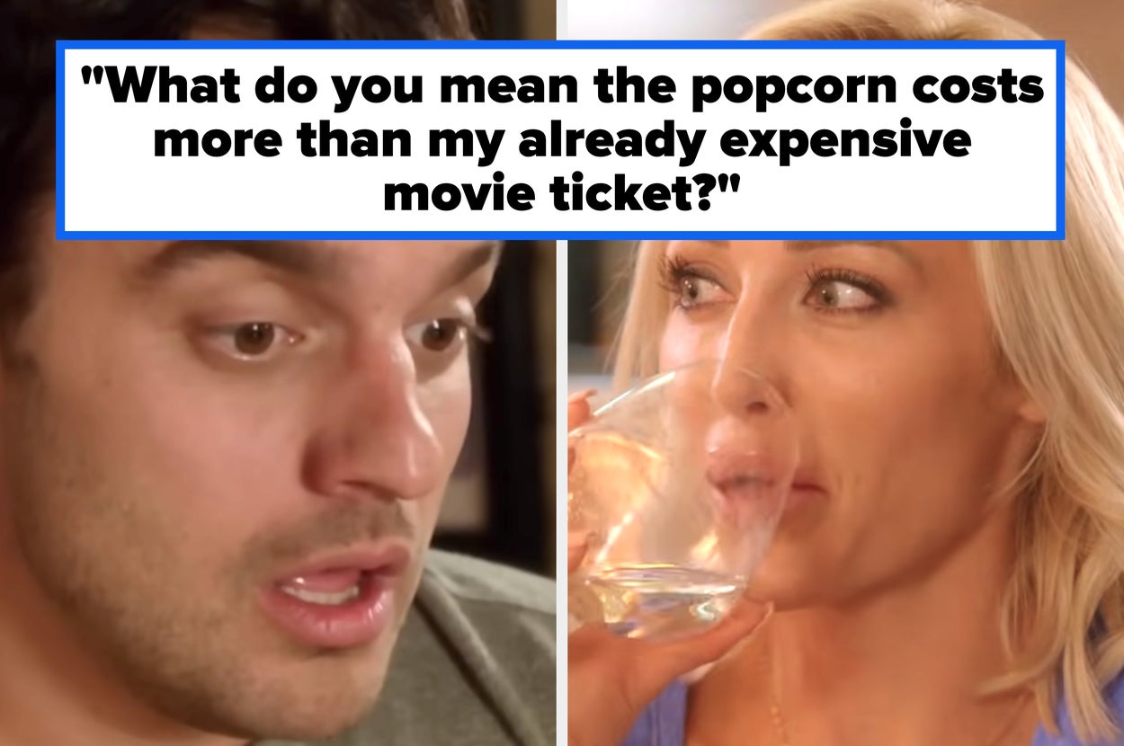 Two people are in conversation; the man looks surprised, and the woman is drinking from a glass. The context relates to work and financial matters