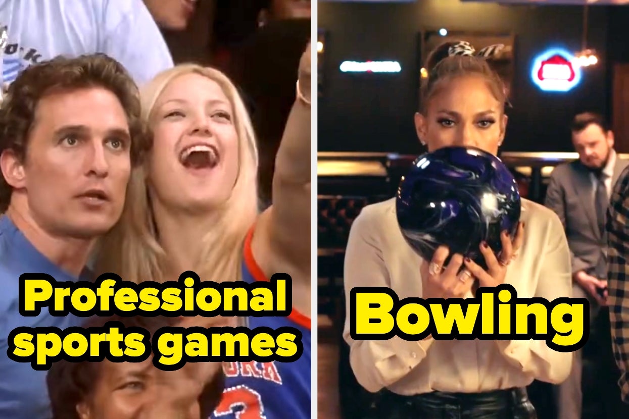 On the left, a woman excitedly cheers at a sports game. On the right, a woman holds a bowling ball, preparing to bowl