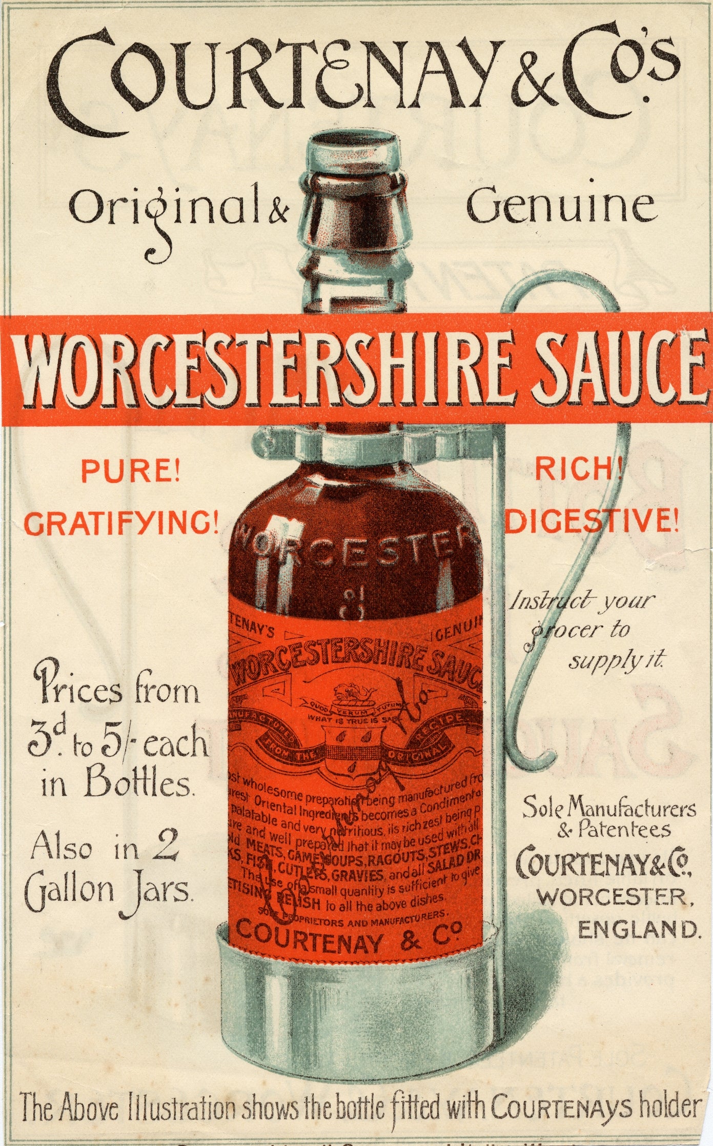 Vintage advertisement  for Courtenay &amp;amp; Co's Worcestershire Sauce, highlighting its digestibility and flavor, priced from 3d to 5d per bottle, besides  successful  gallon jars
