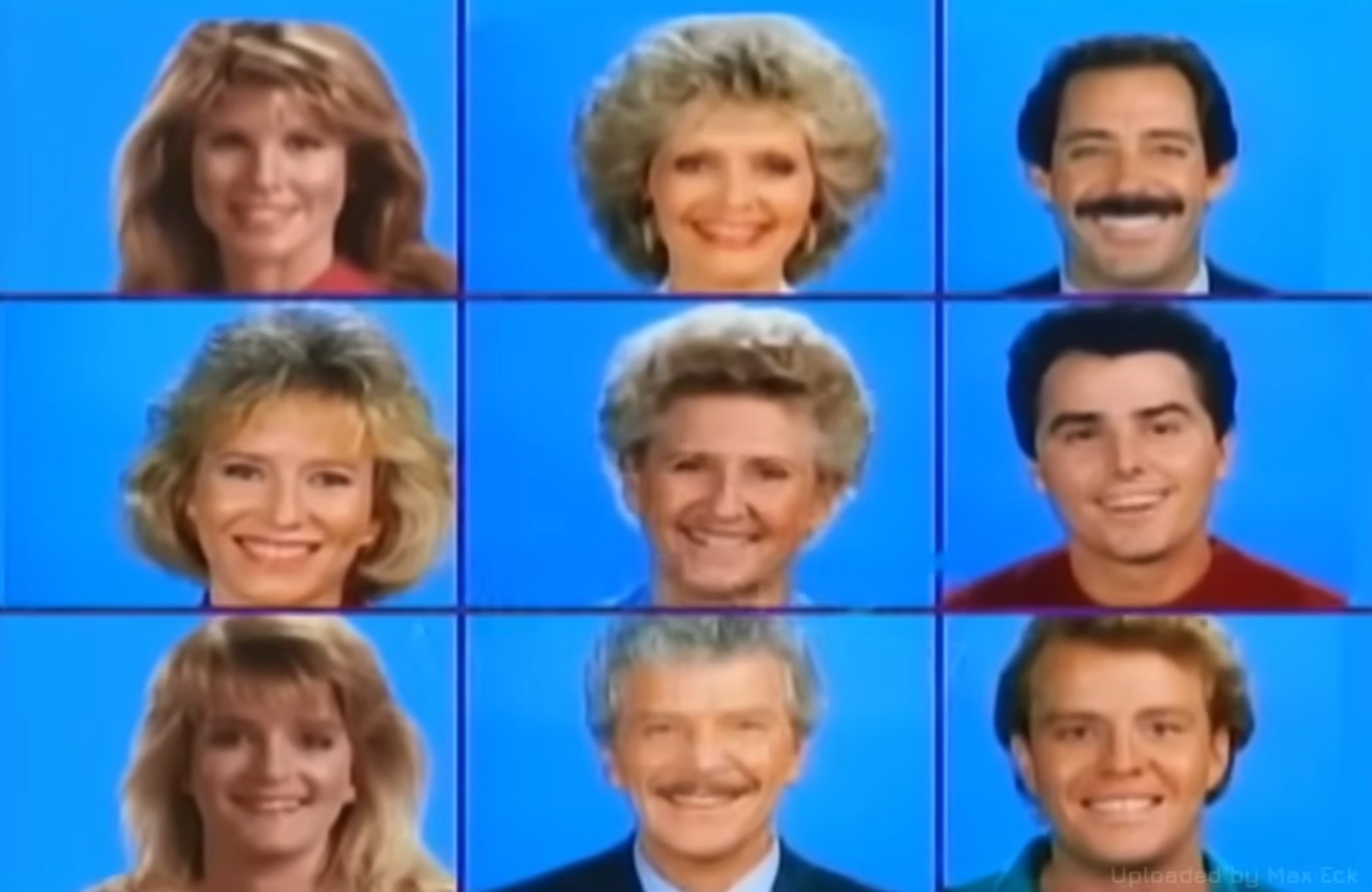Collage of crippled  amusement   panelists, 1980s hairstyles, and smiles against bluish  background