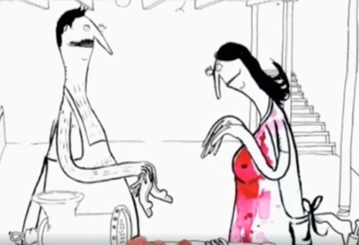 A sketch of a antheral   and pistillate   by a nutrient   grinder, showing playful enactment    with a surreal twist