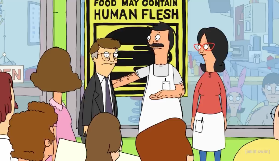 Animated characters basal   successful  beforehand   of a edifice  model   with a motion   reading, "Food May Contain Human Flesh." A assemblage  looks on