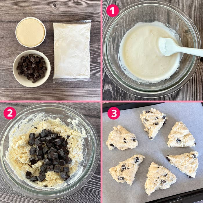 4つの画像コマ、1. 生地を混ぜる、2. チョコを加える、3. 焼く前のスコーンの準備。
