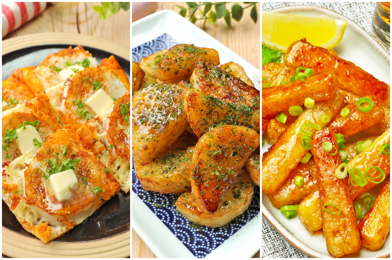 3種類の料理が並んでいる。パンにチーズとハーブ、ハーブで味付けされたポテト、ネギの載った揚げ物が視覚的に魅力的に配置されている。