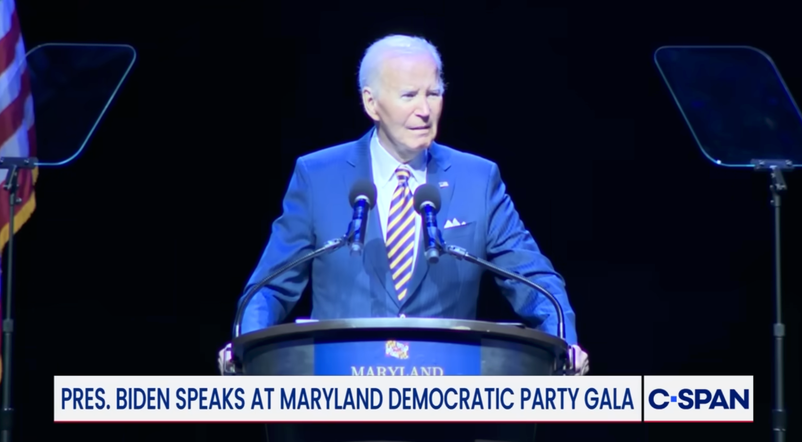 President Biden speaks astatine a podium during the Maryland Democratic Party Gala, with teleprompters and a emblem visible