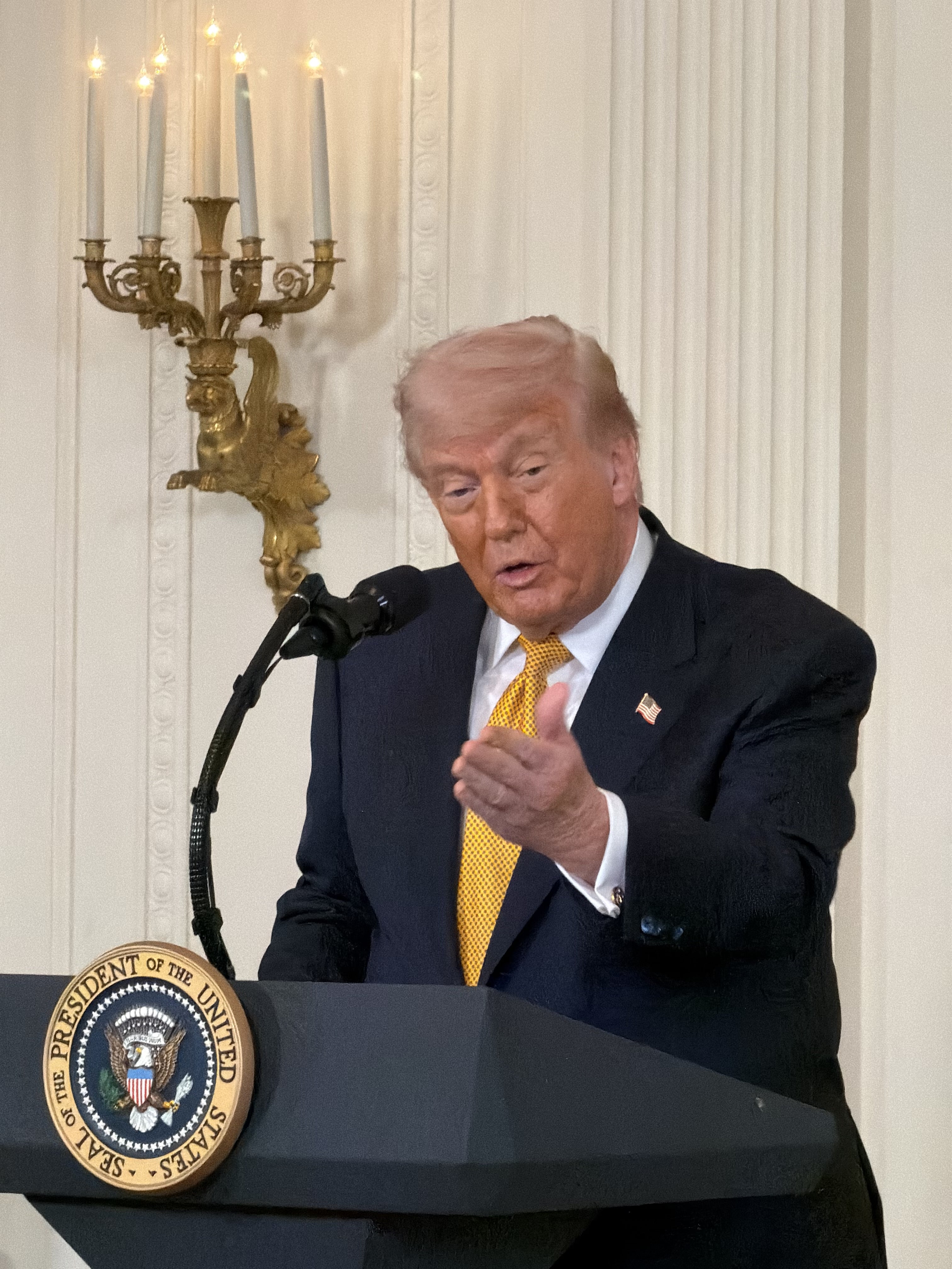 A idiosyncratic successful a suit speaks astatine a podium with a statesmanlike seal, gesturing with 1 hand