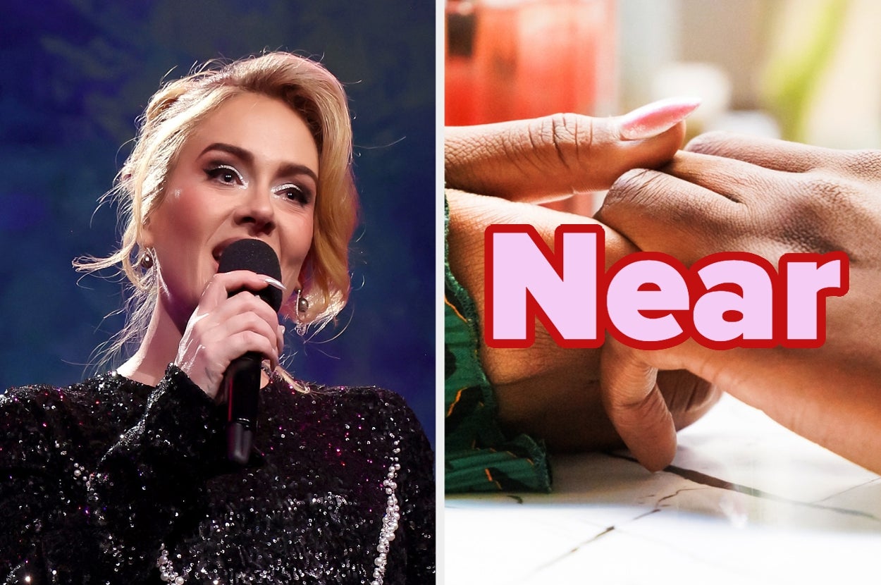 Left: Adele singing on stage with a microphone, wearing a sequined dress. Right: Close-up of joined hands, with the word "Near" overlaid