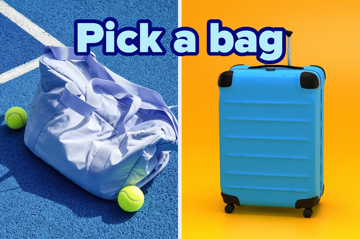 Two bags: Left, a duffle bag with tennis balls on a court. Right, a rolling suitcase on an orange background. Text: "Pick a bag."