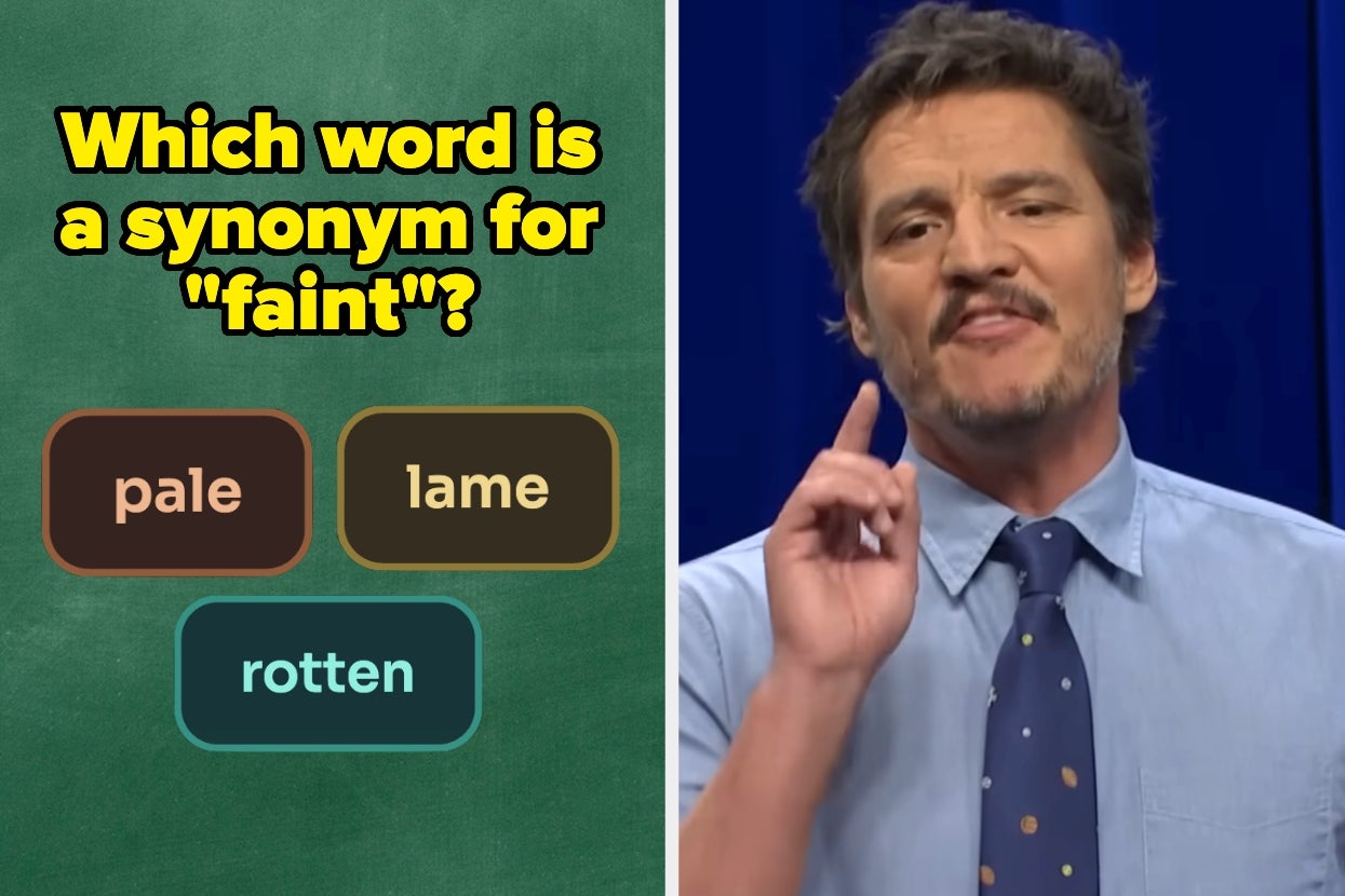 Split image: Left side shows a question asking for a "faint" synonym. Options: "pale," "lame," "rotten." Right side shows a man speaking, gesturing with one finger raised