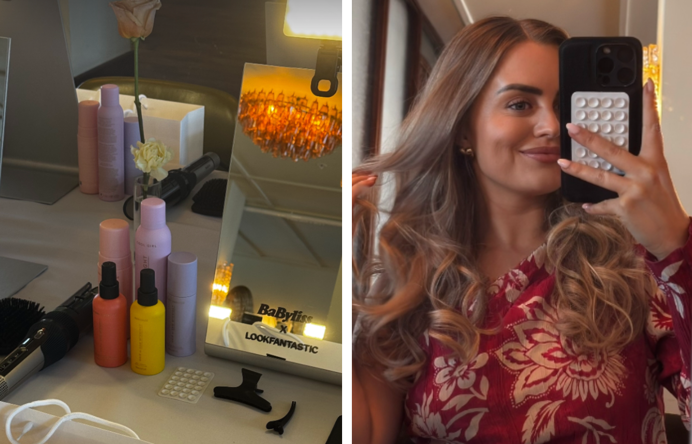 Vanity with hair products and tools; woman in floral dress takes a mirror selfie, showcasing styled wavy hair
