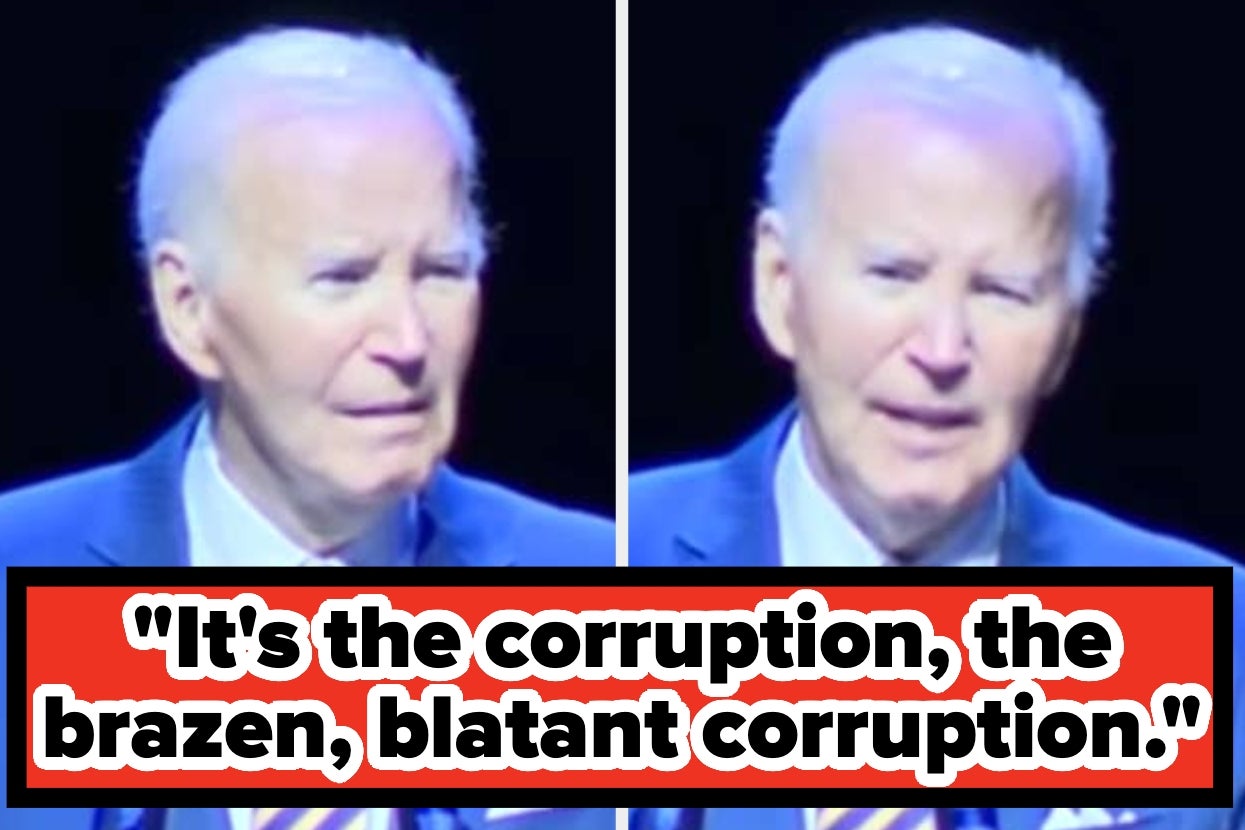 A man in a suit speaks on stage; text overlay reads, "It's the corruption, the brazen, blatant corruption."