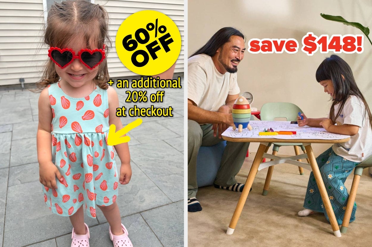 Child wearing heart sunglasses and a patterned dress. Another child and adult playing at a table. Sales text highlights discounts and savings