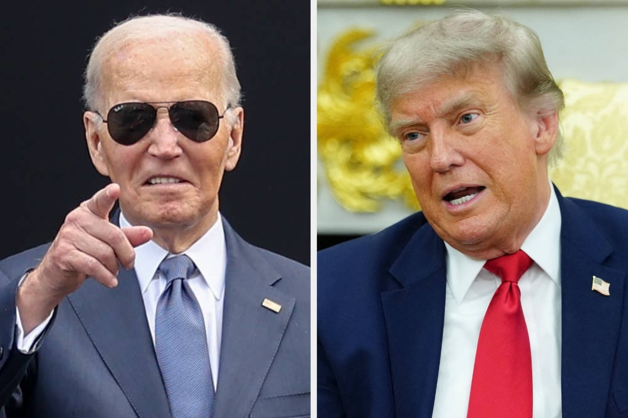 Two prominent politicians, one in a suit and sunglasses pointing, the other speaking animatedly in a suit and tie